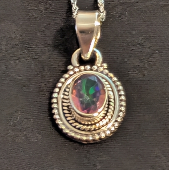 Colorful Solid Sterling Silver Mystic Topaz Type CZ Pendant Necklace 18" Chain - Picture 3 of 10